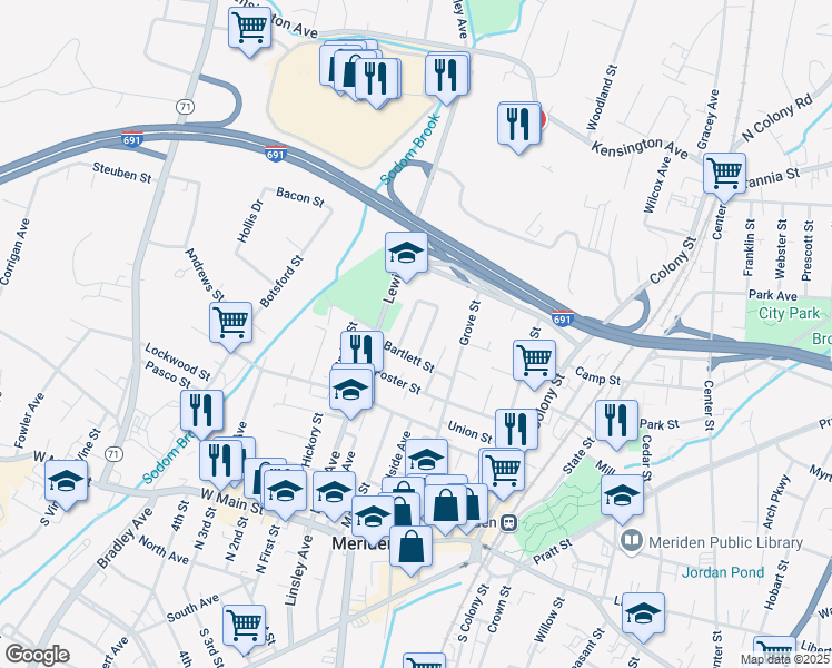 map of restaurants, bars, coffee shops, grocery stores, and more near 2 James Street in Meriden