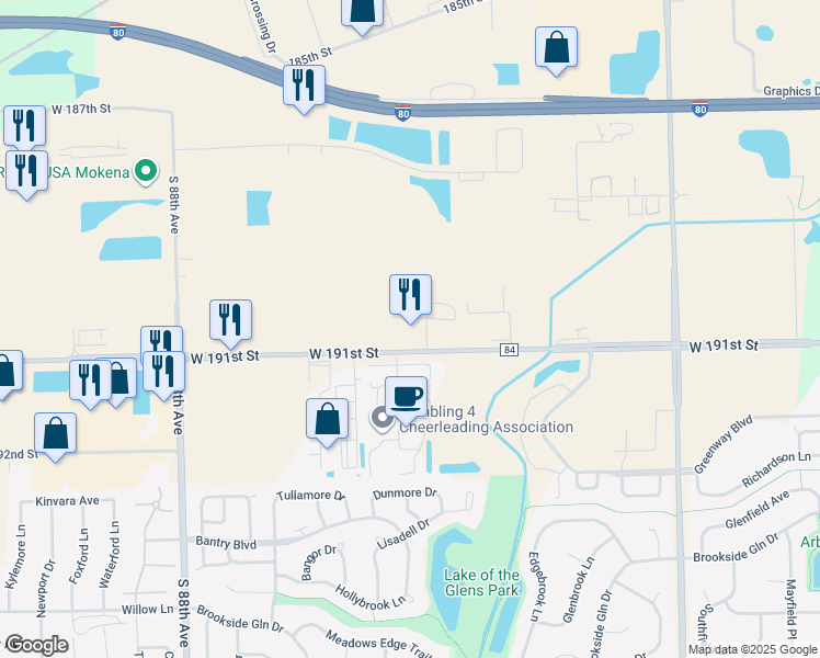 map of restaurants, bars, coffee shops, grocery stores, and more near 8500 West 191st Street in Mokena