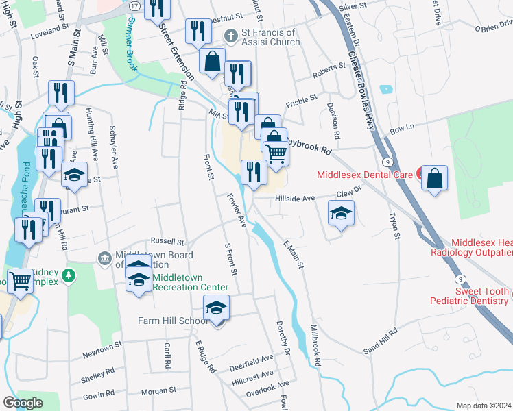 map of restaurants, bars, coffee shops, grocery stores, and more near 460 East Main Street in Middletown