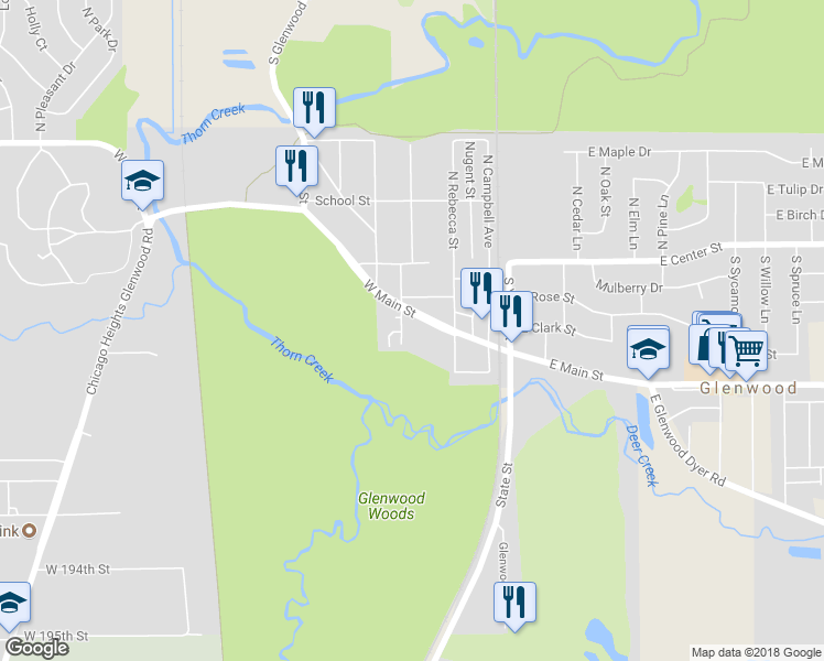map of restaurants, bars, coffee shops, grocery stores, and more near 101 South Wabash Avenue in Glenwood