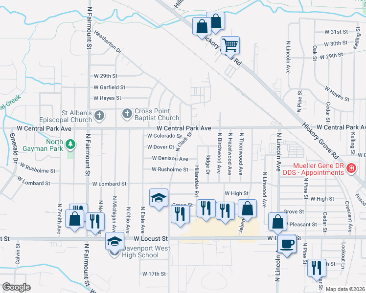 map of restaurants, bars, coffee shops, grocery stores, and more near 2352 Hillandale Road in Davenport