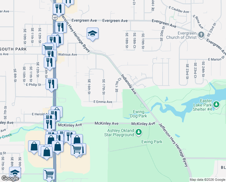 map of restaurants, bars, coffee shops, grocery stores, and more near 4455 Southeast 17th Court in Des Moines