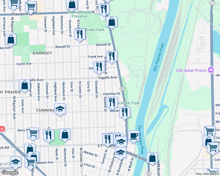 map of restaurants, bars, coffee shops, grocery stores, and more near 1107 North Hickory Street in Joliet