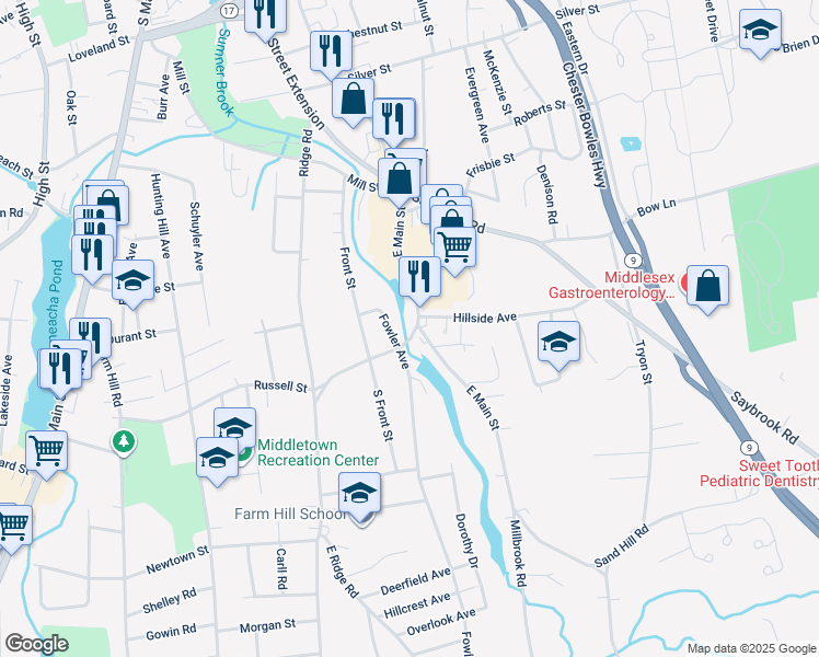 map of restaurants, bars, coffee shops, grocery stores, and more near 459 East Main Street in Middletown