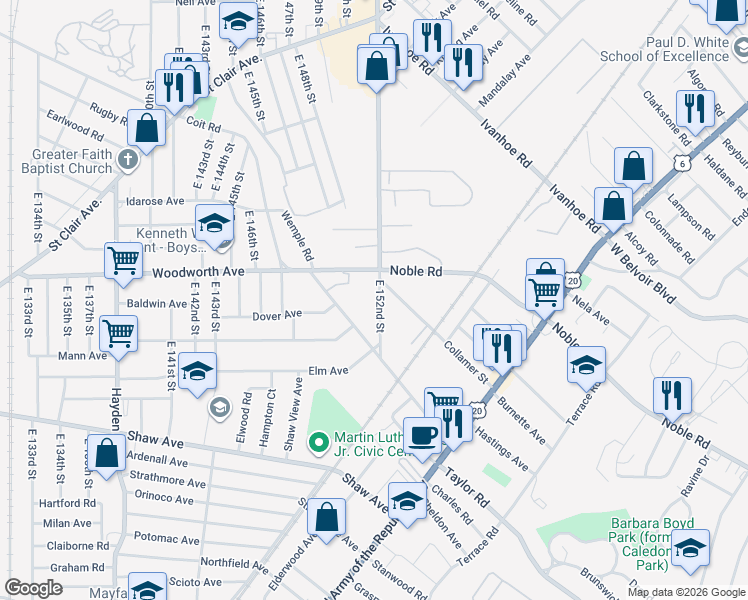map of restaurants, bars, coffee shops, grocery stores, and more near 1292 East 152nd Street in East Cleveland