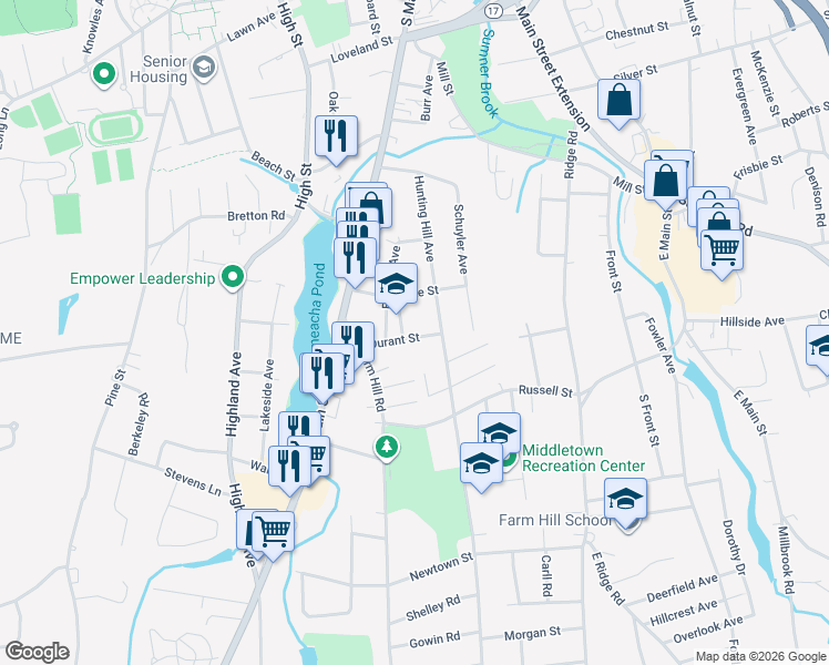 map of restaurants, bars, coffee shops, grocery stores, and more near 59 Durant Street in Middletown
