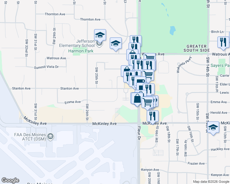map of restaurants, bars, coffee shops, grocery stores, and more near 2300 Stanton Avenue in Des Moines