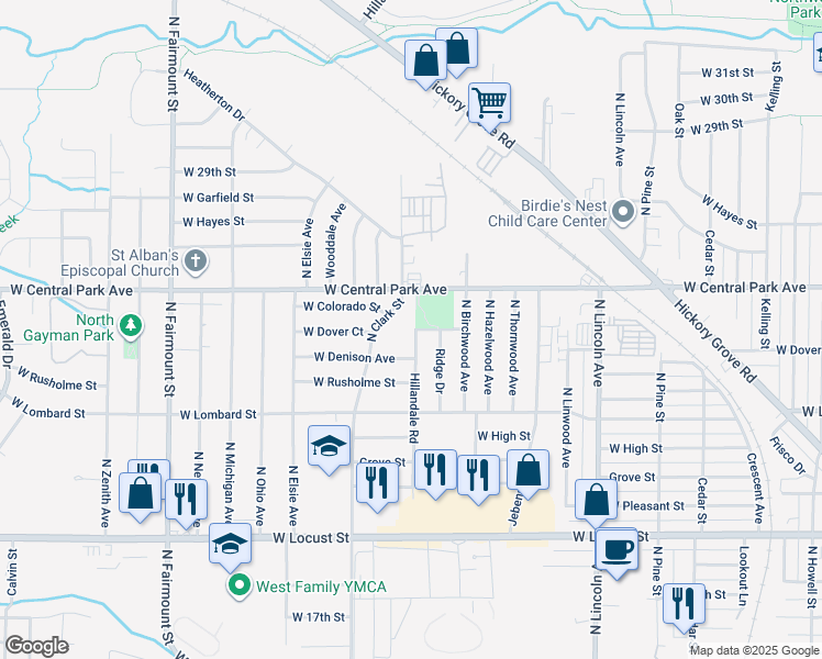 map of restaurants, bars, coffee shops, grocery stores, and more near 2352 Hillandale Road in Davenport