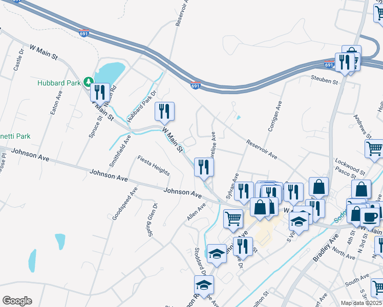 map of restaurants, bars, coffee shops, grocery stores, and more near 775 West Main Street in Meriden