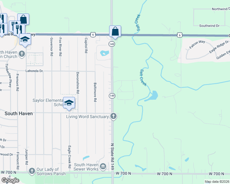 map of restaurants, bars, coffee shops, grocery stores, and more near 740-768 State Highway 149 in Valparaiso
