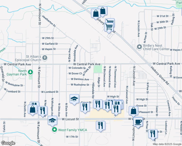 map of restaurants, bars, coffee shops, grocery stores, and more near 2352 Hillandale Road in Davenport