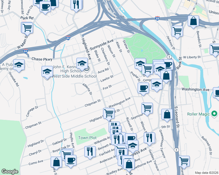 map of restaurants, bars, coffee shops, grocery stores, and more near 87 Fox Street in Waterbury