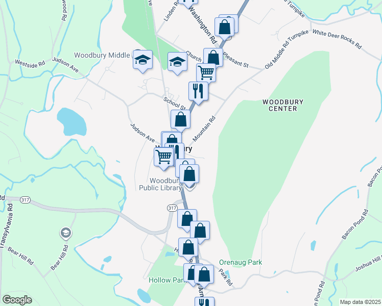 map of restaurants, bars, coffee shops, grocery stores, and more near 8 Mountain Road in Woodbury