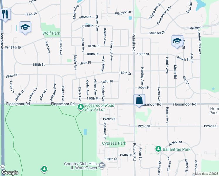 map of restaurants, bars, coffee shops, grocery stores, and more near 19000 Chestnut Avenue in Country Club Hills