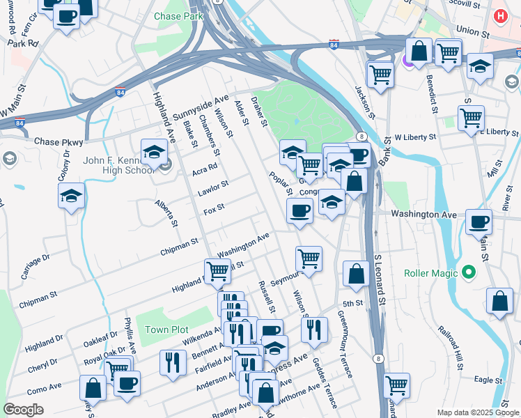 map of restaurants, bars, coffee shops, grocery stores, and more near 486 Wilson Street in Waterbury