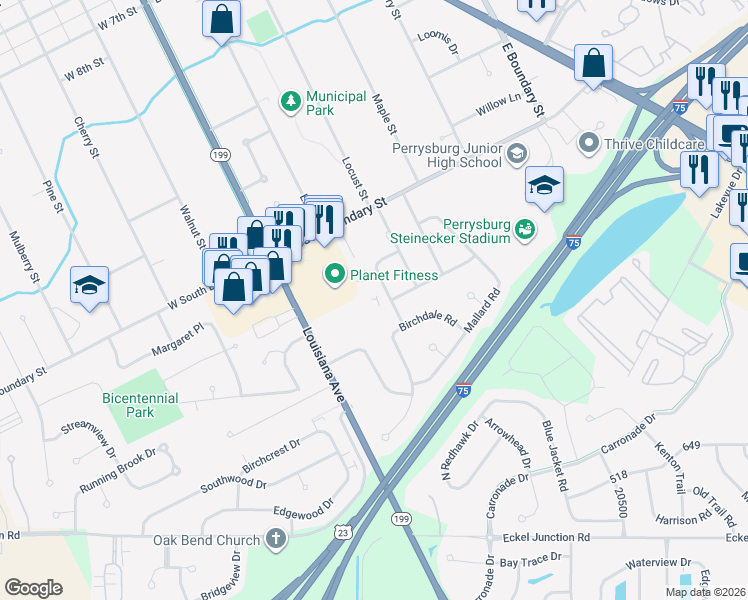 map of restaurants, bars, coffee shops, grocery stores, and more near 16 Quail Road in Perrysburg