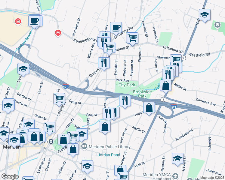 map of restaurants, bars, coffee shops, grocery stores, and more near 44 Franklin Street in Meriden
