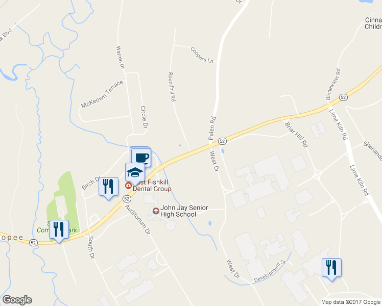 map of restaurants, bars, coffee shops, grocery stores, and more near 1 Roundhill Road in Hopewell Junction