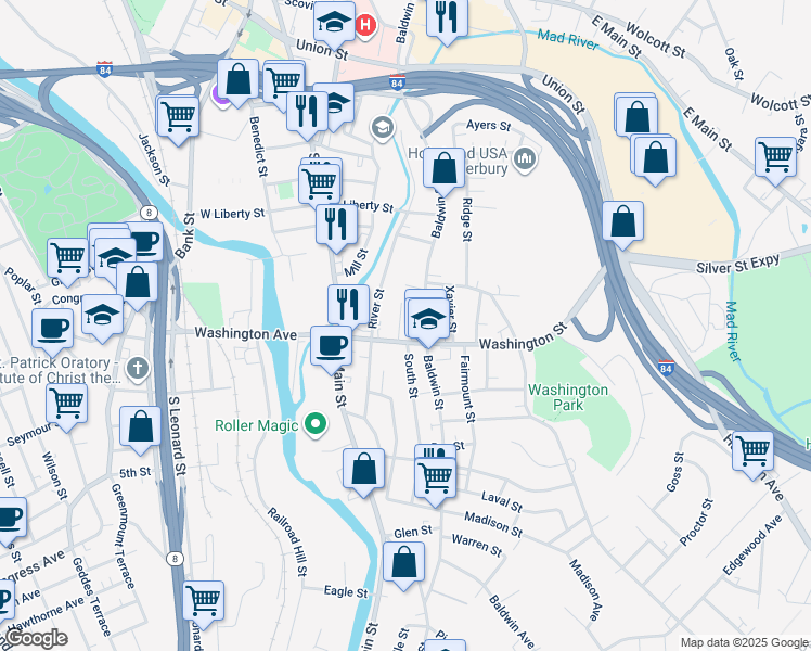 map of restaurants, bars, coffee shops, grocery stores, and more near 14 Hickory Street in Waterbury
