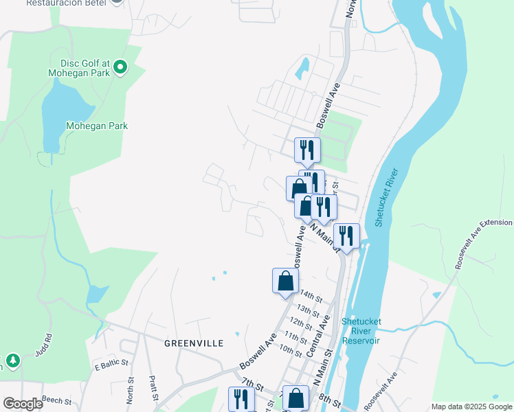map of restaurants, bars, coffee shops, grocery stores, and more near 42 Sandy Lane in Norwich