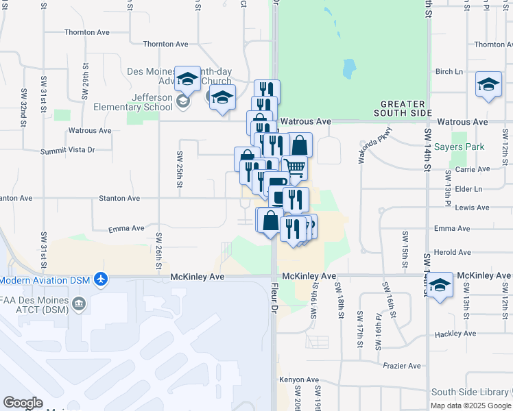 map of restaurants, bars, coffee shops, grocery stores, and more near 2110 Stanton Avenue in Des Moines