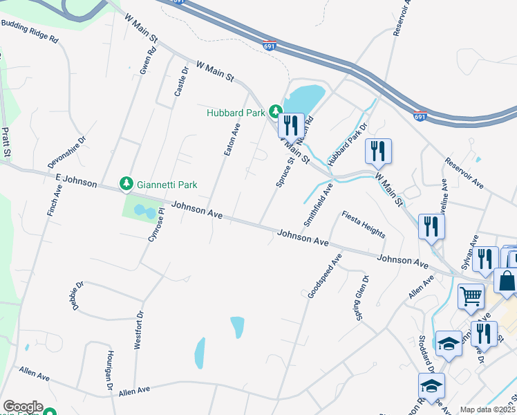 map of restaurants, bars, coffee shops, grocery stores, and more near 119 Spruce Street in Meriden