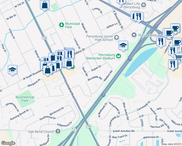 map of restaurants, bars, coffee shops, grocery stores, and more near 203 Quail Road in Perrysburg