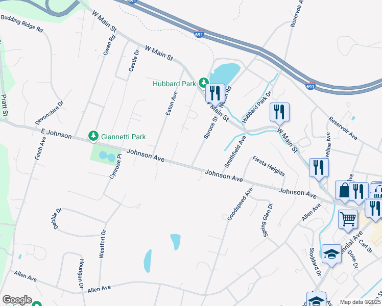 map of restaurants, bars, coffee shops, grocery stores, and more near 119 Spruce Street in Meriden