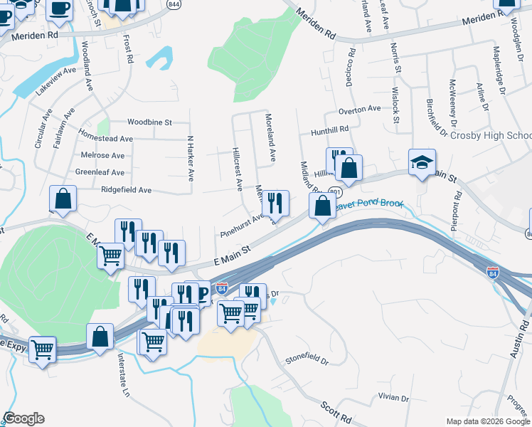 map of restaurants, bars, coffee shops, grocery stores, and more near 31 Meriline Avenue in Waterbury