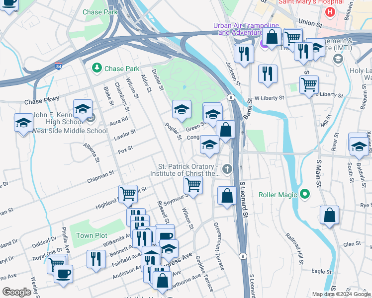 map of restaurants, bars, coffee shops, grocery stores, and more near 424 Washington Avenue in Waterbury