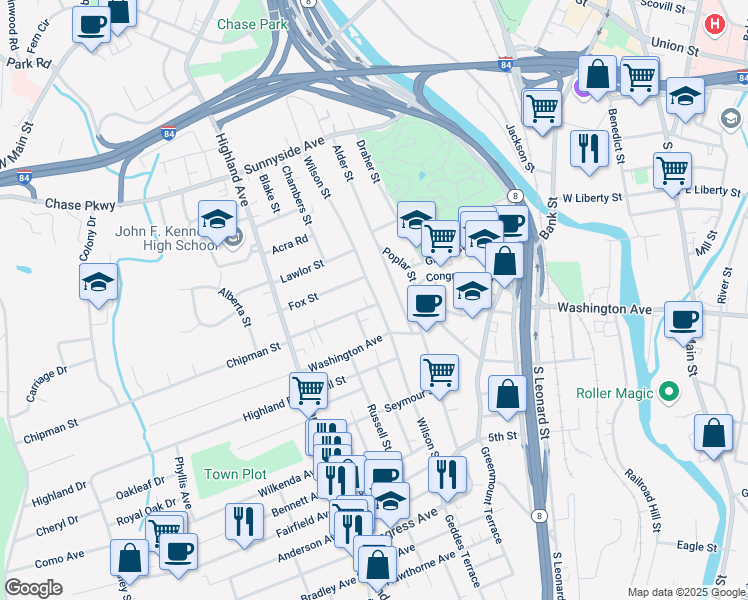 map of restaurants, bars, coffee shops, grocery stores, and more near 494 Wilson Street in Waterbury