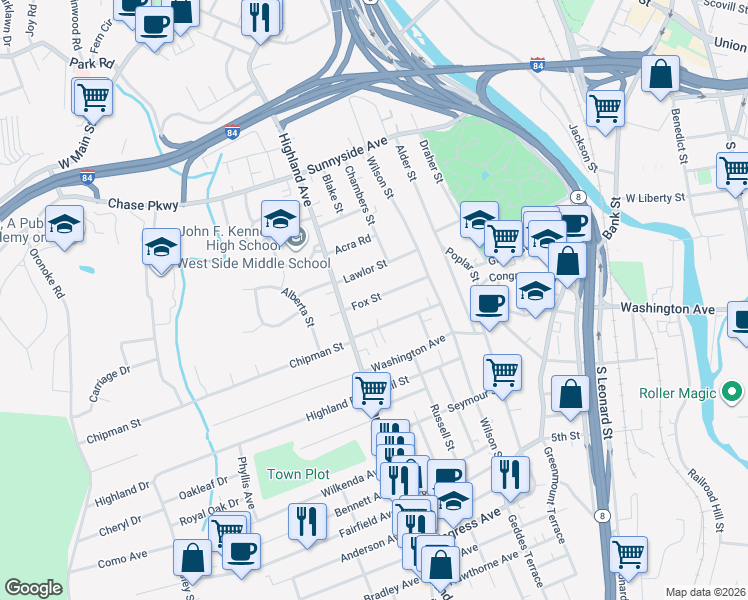map of restaurants, bars, coffee shops, grocery stores, and more near 87 Fox Street in Waterbury