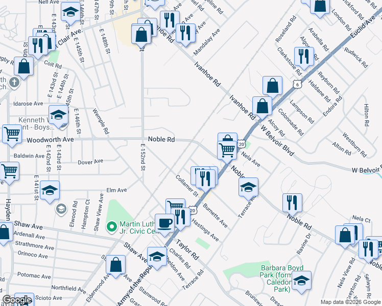 map of restaurants, bars, coffee shops, grocery stores, and more near 15919 Elderwood Avenue in East Cleveland