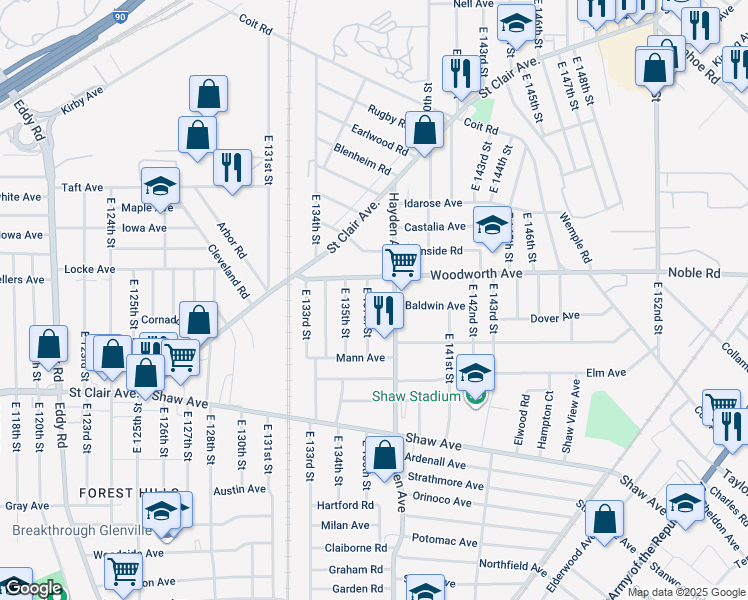 map of restaurants, bars, coffee shops, grocery stores, and more near 1256 East 137th Street in East Cleveland