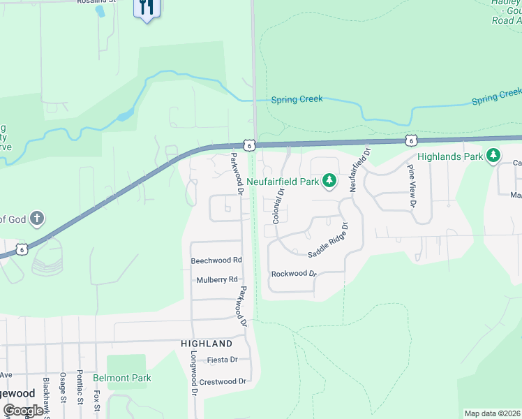 map of restaurants, bars, coffee shops, grocery stores, and more near 1033 Silver Hill Circle in Joliet