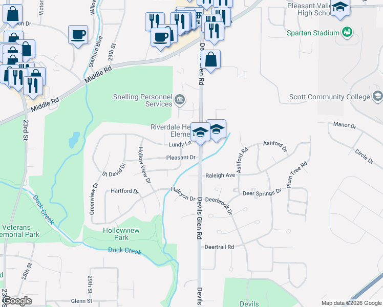 map of restaurants, bars, coffee shops, grocery stores, and more near 3429 Pleasant Drive in Bettendorf