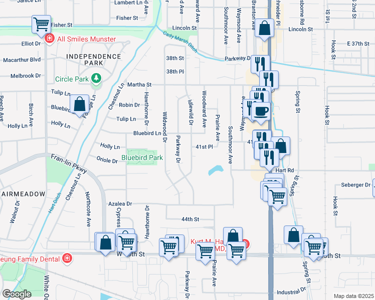 map of restaurants, bars, coffee shops, grocery stores, and more near 9326 Idlewild Drive in Highland