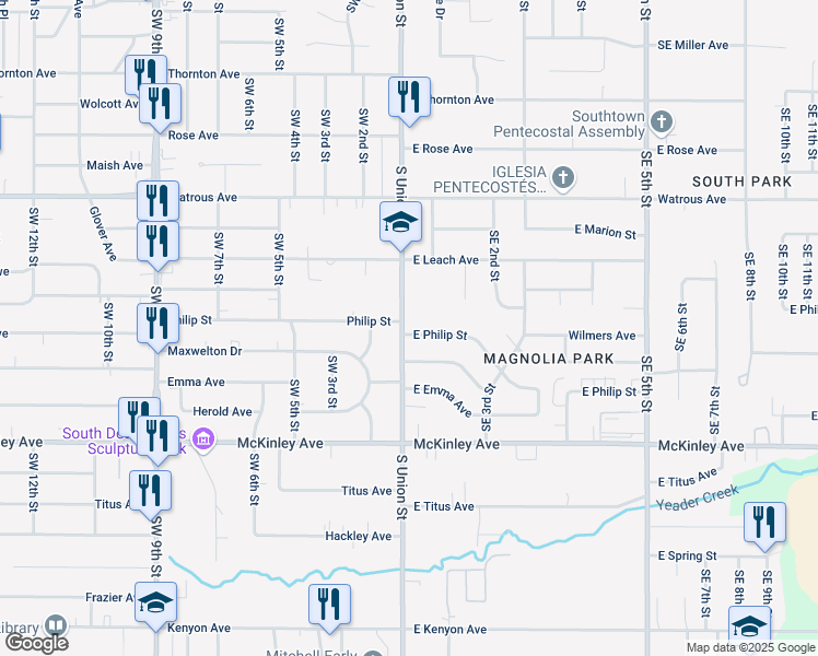 map of restaurants, bars, coffee shops, grocery stores, and more near 4403 South Union Street in Des Moines