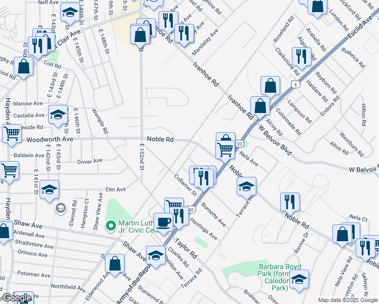 map of restaurants, bars, coffee shops, grocery stores, and more near 15919 Elderwood Avenue in East Cleveland