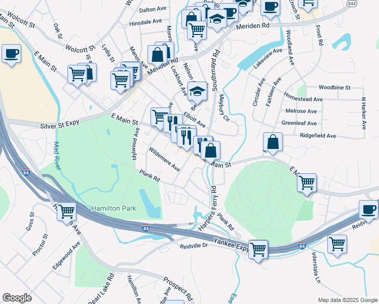 map of restaurants, bars, coffee shops, grocery stores, and more near 1902 East Main Street in Waterbury