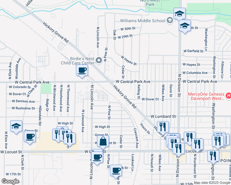 map of restaurants, bars, coffee shops, grocery stores, and more near 2224 West Dover Court in Davenport