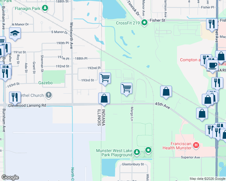 map of restaurants, bars, coffee shops, grocery stores, and more near 101 45th Street in Munster