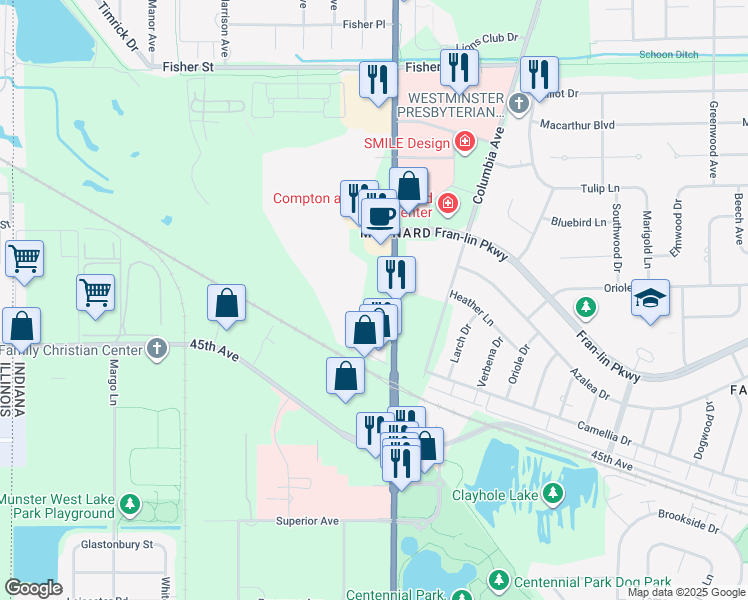 map of restaurants, bars, coffee shops, grocery stores, and more near in Munster