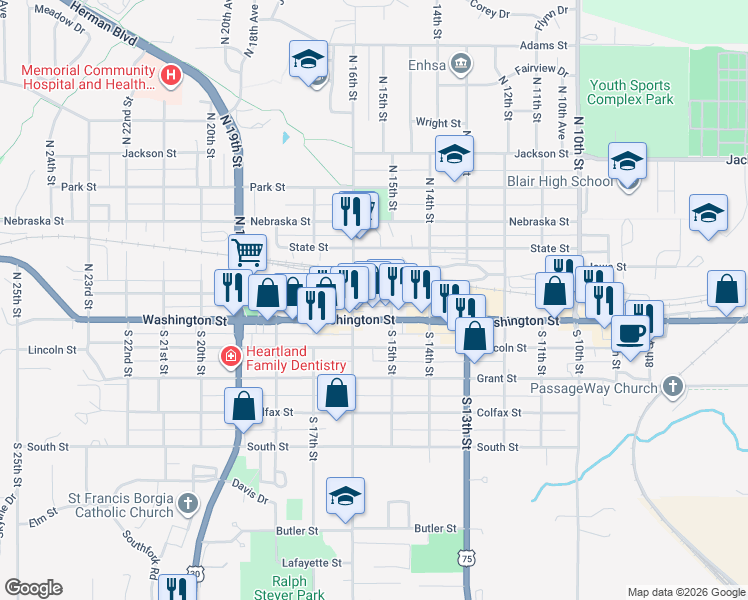 map of restaurants, bars, coffee shops, grocery stores, and more near 1553 Front Street in Blair