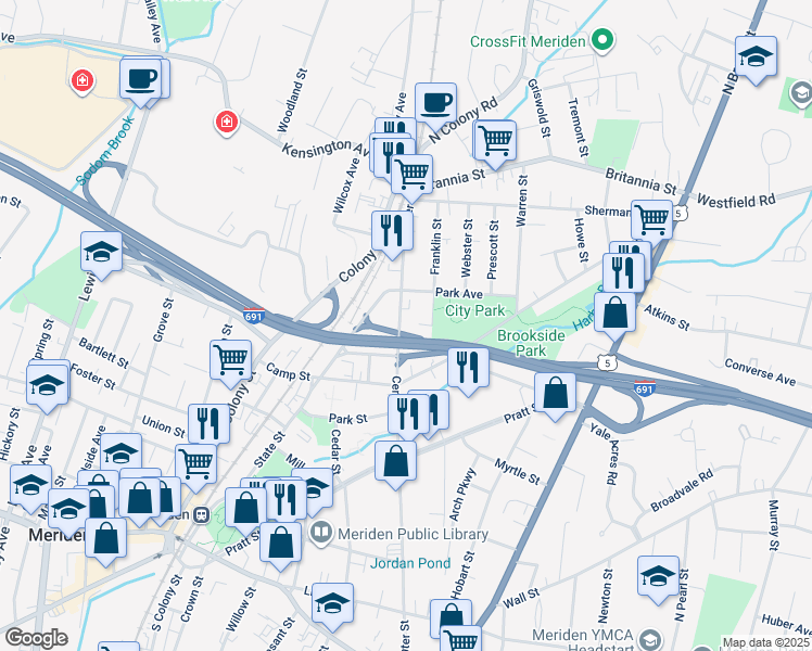 map of restaurants, bars, coffee shops, grocery stores, and more near 383 Center Street in Meriden
