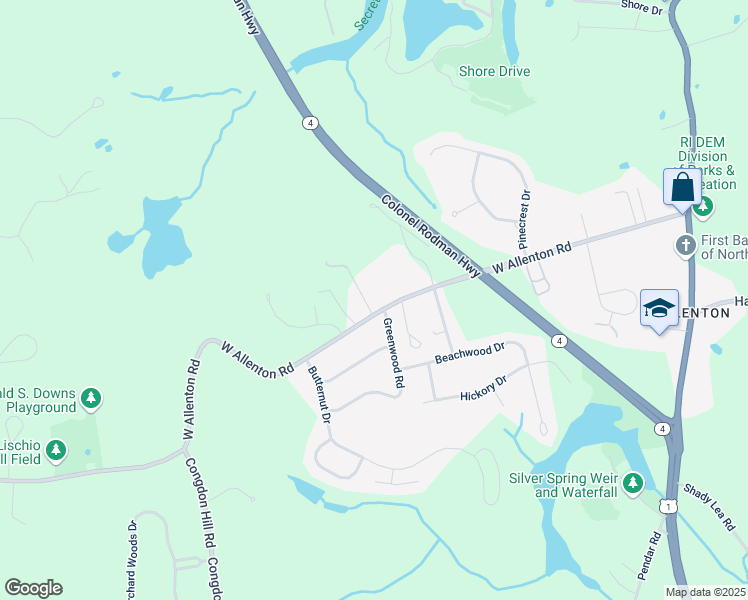 map of restaurants, bars, coffee shops, grocery stores, and more near 342 West Allenton Road in North Kingstown