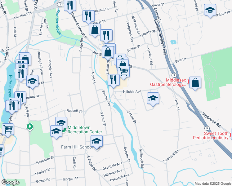 map of restaurants, bars, coffee shops, grocery stores, and more near 3 Russell Court in Middletown