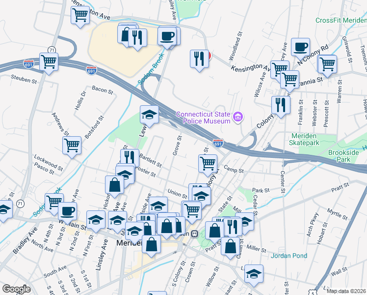 map of restaurants, bars, coffee shops, grocery stores, and more near 40 Platt Avenue Exn in Meriden