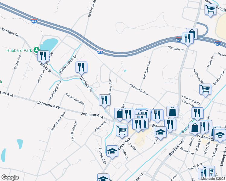 map of restaurants, bars, coffee shops, grocery stores, and more near 38 Antonio Avenue in Meriden