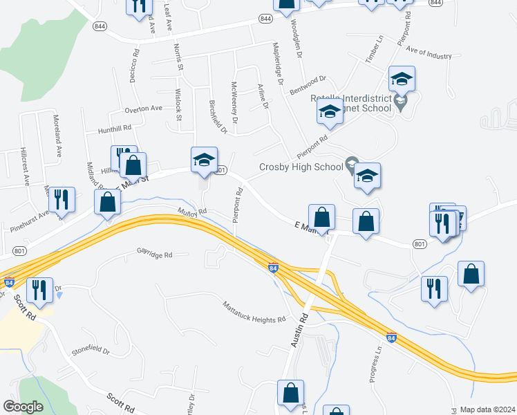 map of restaurants, bars, coffee shops, grocery stores, and more near 3378 East Main Street in Waterbury